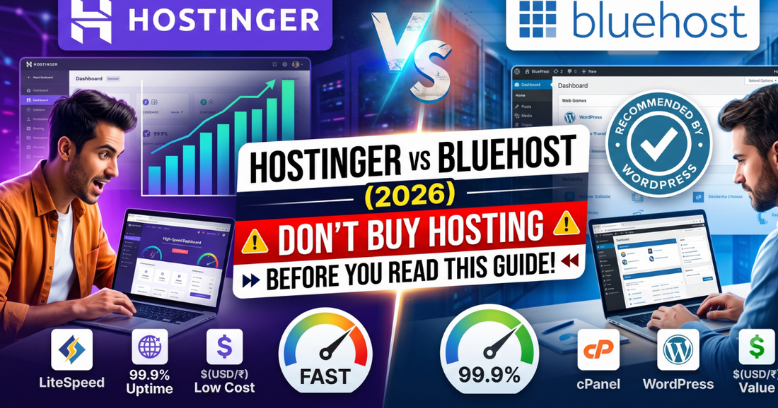 Hostinger vs Bluehost (2026) web hosting review banner with text reading Don't Buy Hosting Before You Read This Guide